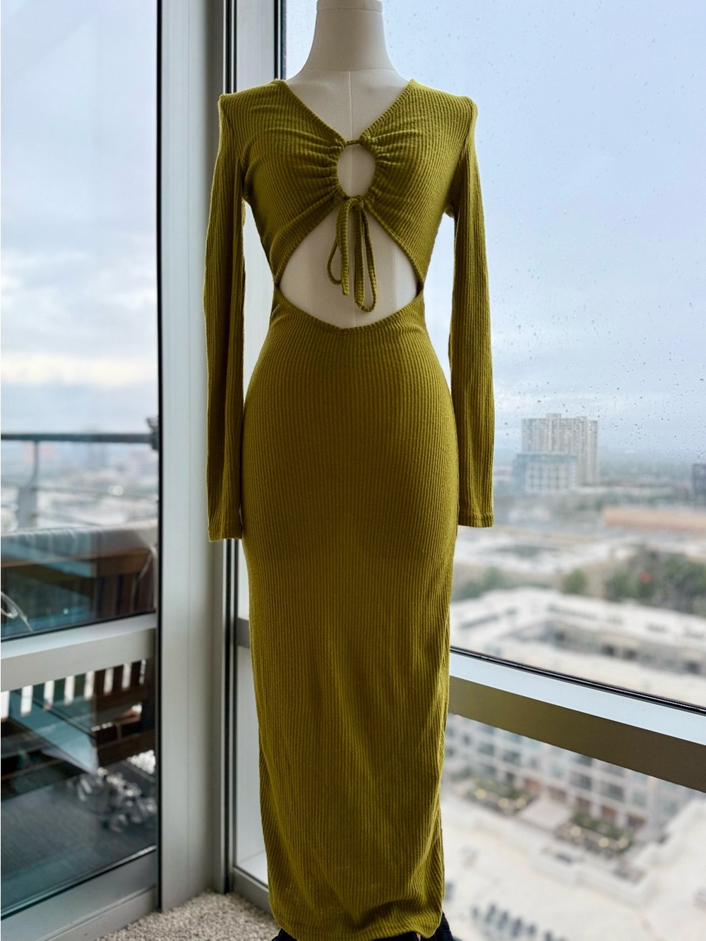 Ribbed Cutout Tie-Front Knit Dress in Olive - Picture 3 of 4